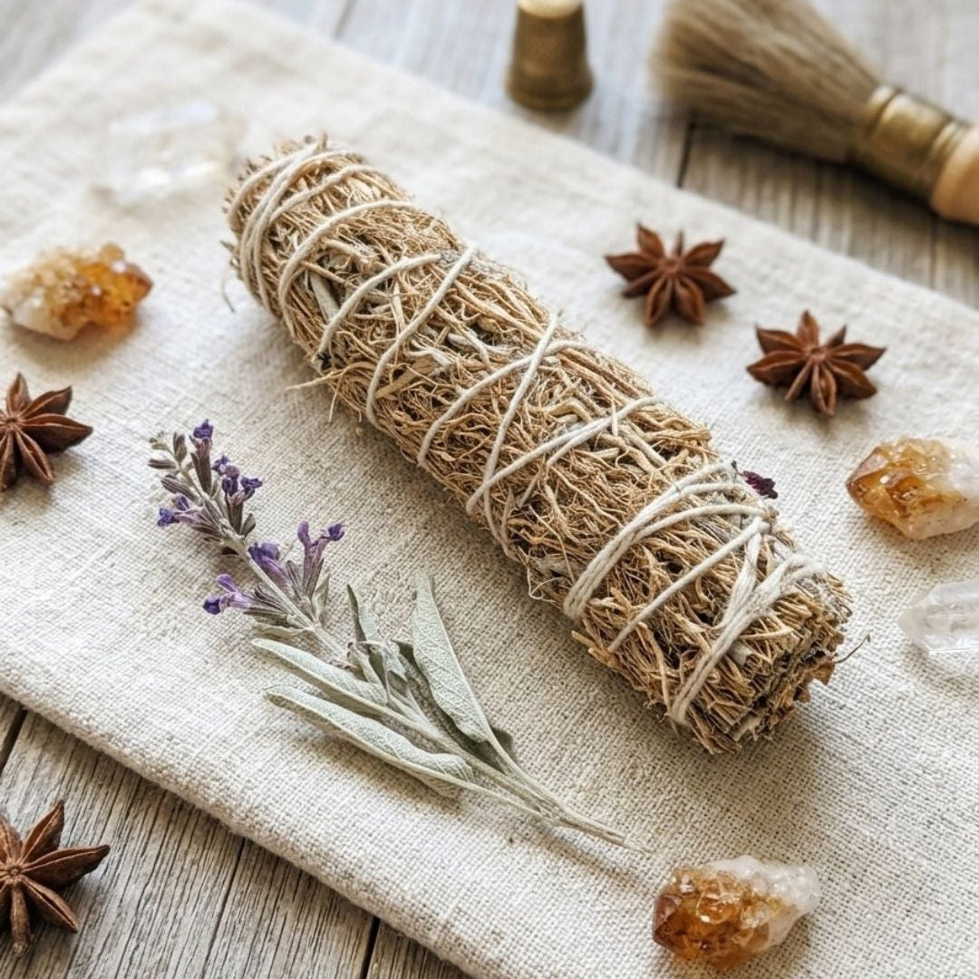 A natural vetiver smudge bundle wrapped in white string, displayed on a beige linen cloth with dried lavender, star anise, crystals, and a small brush on a rustic wooden surface.