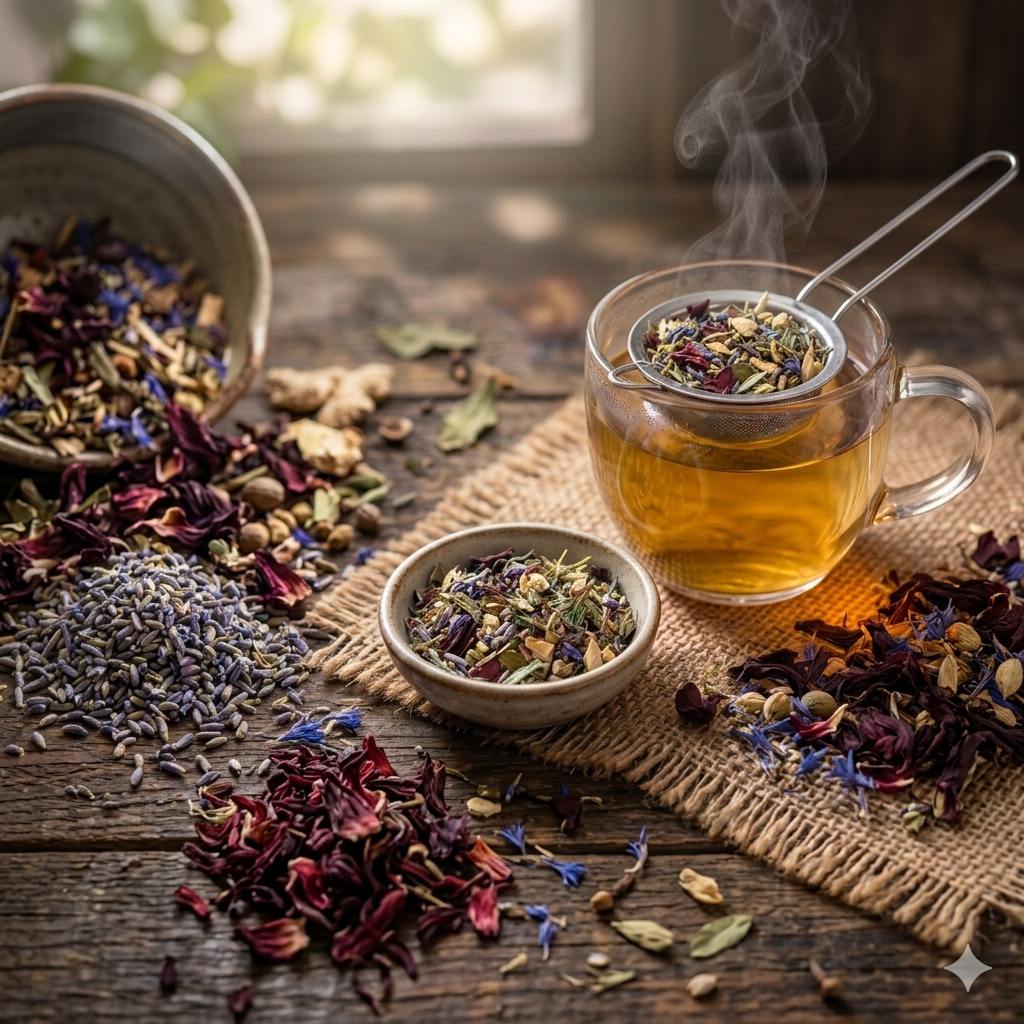 A glass teacup with a metal strainer filled with brewed herbal tea sits on a rustic wooden table beside bowls and piles of loose dried tea ingredients, including hibiscus flowers, lavender, and ginger, with steam rising.